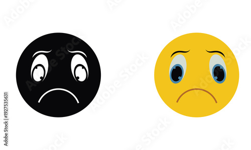 Sad Emoji Faces in Black and Yellow. Two simple sad emoticon faces, one black and one yellow, showing frowns and teary eyes on gray background.