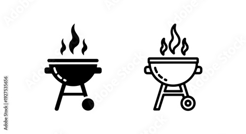 Barbecue Grill Icons: Solid Black and Outline Versions for Outdoor Cooking