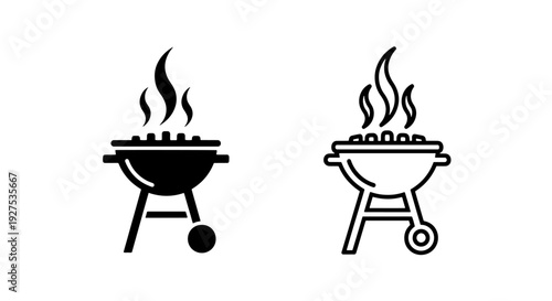 BBQ Grill Icons: Silhouette and Line Art for Summer Grilling and Food