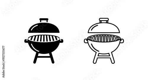 Barbecue Kettle Grill Icons: Closed Lid Versions in Black and Outline