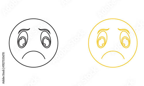 Sad Emoji Faces in Black and Yellow. Two simple sad emoticon faces, one black and one yellow, showing frowns and teary eyes on gray background.