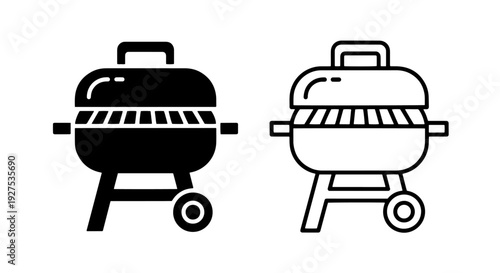 Barbecue Grill Cart Icons: Solid and Outline Styles for Outdoor Cooking