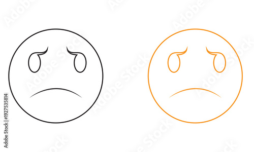 Sad Emoji Faces in Black and Yellow. Two simple sad emoticon faces, one black and one yellow, showing frowns and teary eyes on gray background.