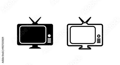 Retro Television Icons: Black Solid and Outline Styles