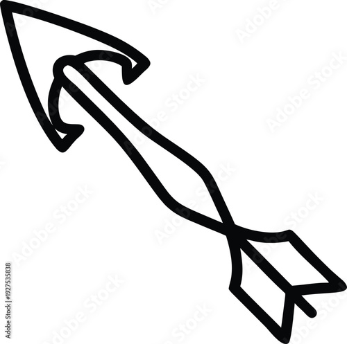 Stylized arrow with curved fletching, indicating direction or target, arrow, direction