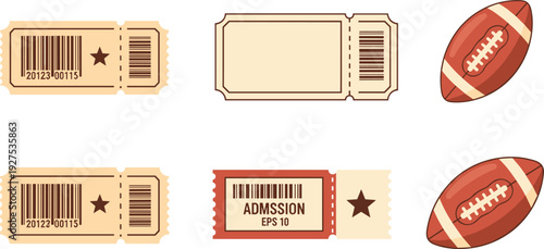 American Football and Ticket Vector Illustration Set with Brown Rugby Ball Icons and Vintage Admission Ticket Stub Templates for Sports Event Design