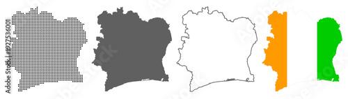Ivory Coast.aiIvory Coast country map vector set with dotted pattern solid silhouette outline and national flag illustration