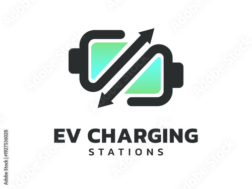 Electric vehicle ev charging with convert arrows Elements Forming battery Shapes vector illustration logo design concept representing renewable energy, ev car, UI, ev station, clean energy, innovation