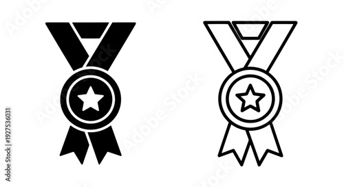 Medal icon with star in solid fill and outline for award and recognition