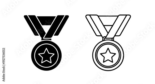 Medal icon with star in solid fill and outline for award and recognition