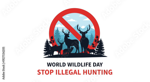 World Wildlife Day illustration promoting anti-poaching campaign and habitat preservation with endangered species and forest protection