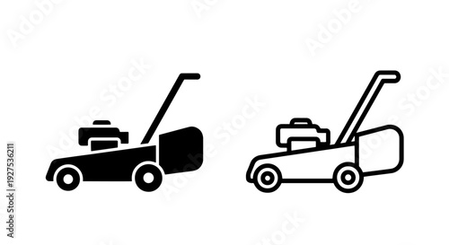 Lawn mower icons: solid black and outline versions, vector illustration