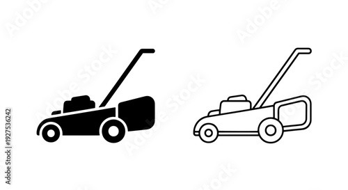 Lawn mower icons: solid black and outline versions, vector illustration