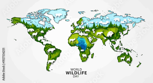 World Wildlife Day illustration highlighting global biodiversity hotspots and conservation efforts for endangered species and ecosystem balance