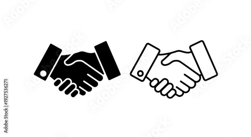 Business handshake icons, deal and agreement symbol in black and white vector set