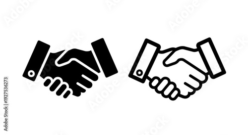 Business handshake icons, deal and agreement symbol in black and white vector set