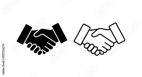Business handshake icons, deal and agreement symbol in black and white vector set