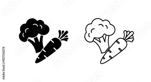 Broccoli and carrot icons, fresh vegetable symbol for healthy food, black and white vector set