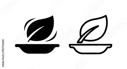 Leaf icon on plate, organic food and health symbol, black and white vector set