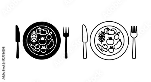 Plate of fresh vegetables icon, healthy eating and diet symbol, black and white vector set