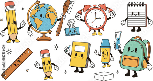 Cute School Stationery Character Vector Illustration Set with Cartoon Pencil Globe Alarm Clock Notebook and Backpack Icons for Kids Education Design