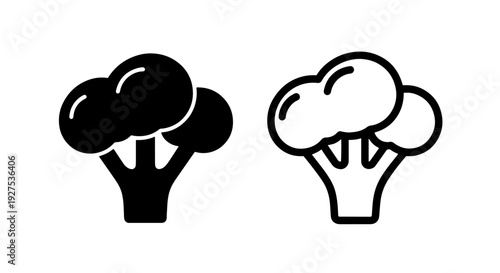 Broccoli Icons: Solid Black and Outline - Healthy Vegetable Symbols