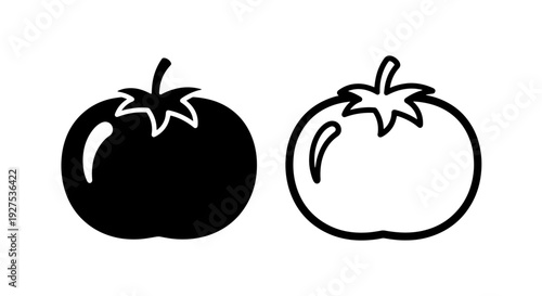 Tomato icons in solid black and outline style, perfect for representing ingredients and produce.