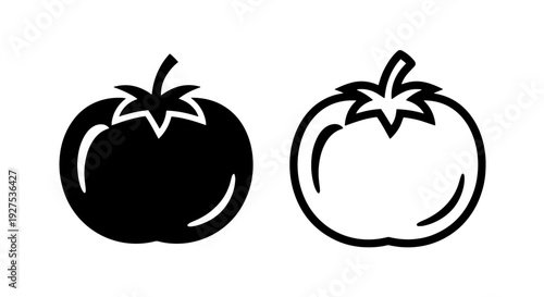 Dual icons, solid black and outline, of a tomato for cooking and healthy eating graphics.