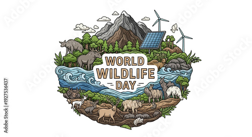 World Wildlife Day illustration featuring diverse wildlife and ecosystems with renewable energy sources and conservation themes.
