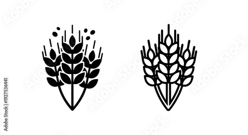 Set of wheat ear icons, solid and outlined, symbolizing natural grains and food production.