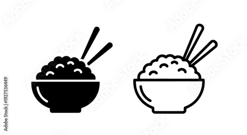 Simple icons of rice bowls with chopsticks in black and white for food or Asian cuisine concepts