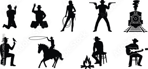 Cowboy Silhouette Set with Train Guitar Campfire and Lasso Action Poses western