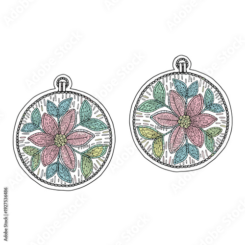 Floral embroidered earrings with intricate pink and green designs isolated on a white background, showcasing detailed craftsmanship and vibrant colors