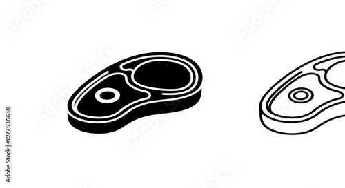 Icon set featuring a steak with bone in black and white, solid and outline for food related designs.