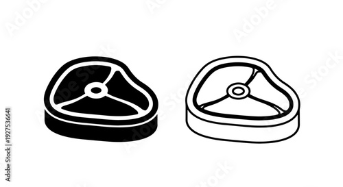 Top-down view icons of raw beef steaks in black and white, solid and outline styles.