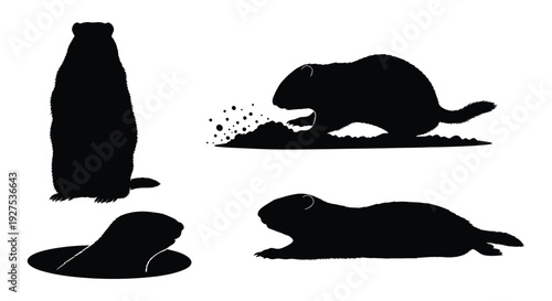 Black silhouettes of groundhogs in various poses including foraging and observing
