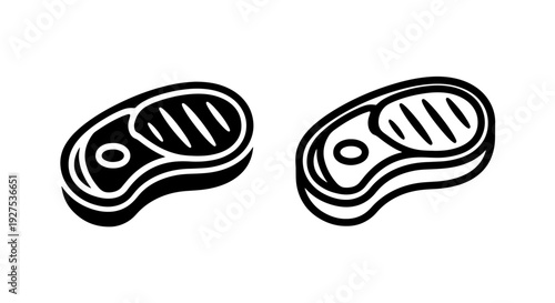 Close-up icons of grilled steak with grill marks in black and white, solid and outline.