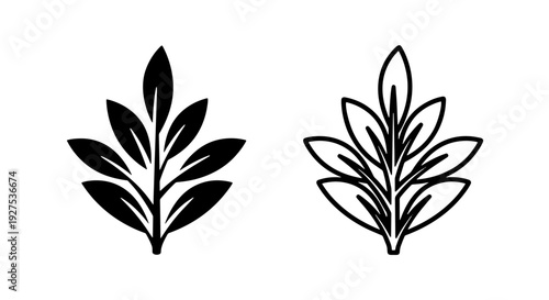 Stylized icons of a branch with leaves in black and white, solid and outline versions.