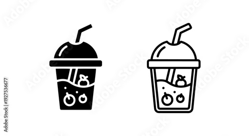 Icons of a takeaway drink cup with straw, featuring berries and bubbles in black and white.