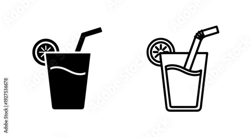 Icons of a glass of juice with straw and lemon slice, solid and outline styles.