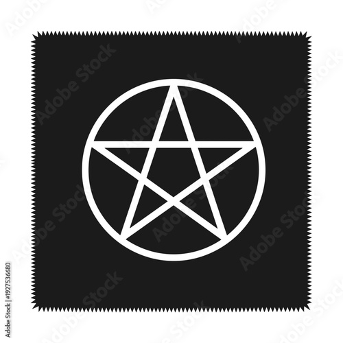 White pentagram symbol centered on a black cloth with zigzag edges, isolated against a stark white background