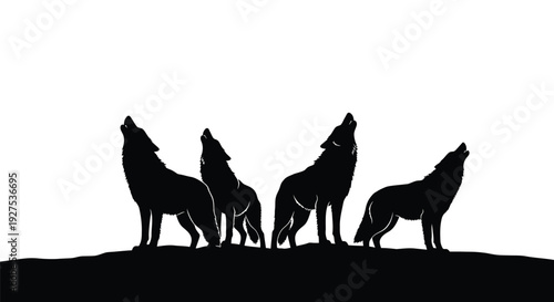 Silhouette of four wolves howling on a dark ridge against a white background
