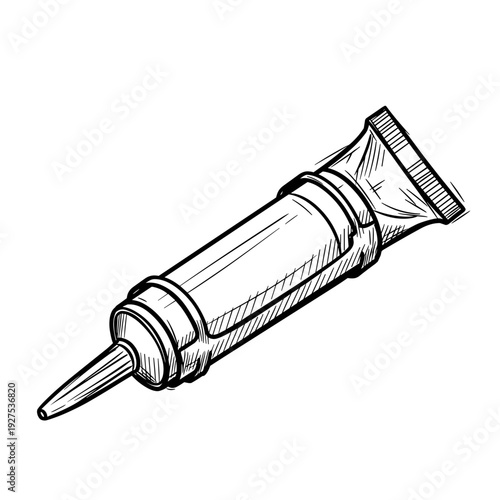 Illustration of a caulk tube isolated on a white background, featuring detailed line art and shading, showcasing a realistic and technical design