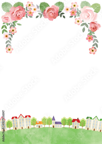 バラと街並みイラスト、春、かわいい、縦、水彩