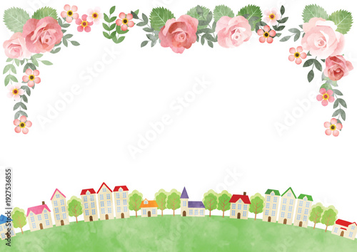 バラと街並みイラスト、春、かわいい、横、水彩