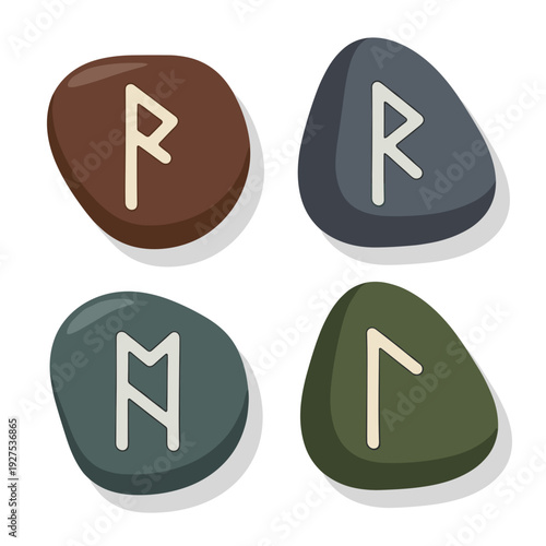 Set of colorful rune stones with ancient symbols isolated on white background, featuring brown, gray, and green smooth surfaces