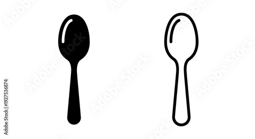 Black and White Spoon Icons: Solid Silhouette and Outline Styles