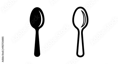 Black and White Spoon Icons: Solid Silhouette and Outline Styles