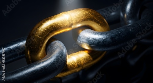 Close-up of Golden Link in Dark Metal Chain - Business Value Concept