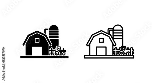 Rustic Farm Barn with Silo and Tractor Icon for Agricultural Industry and Rural Life